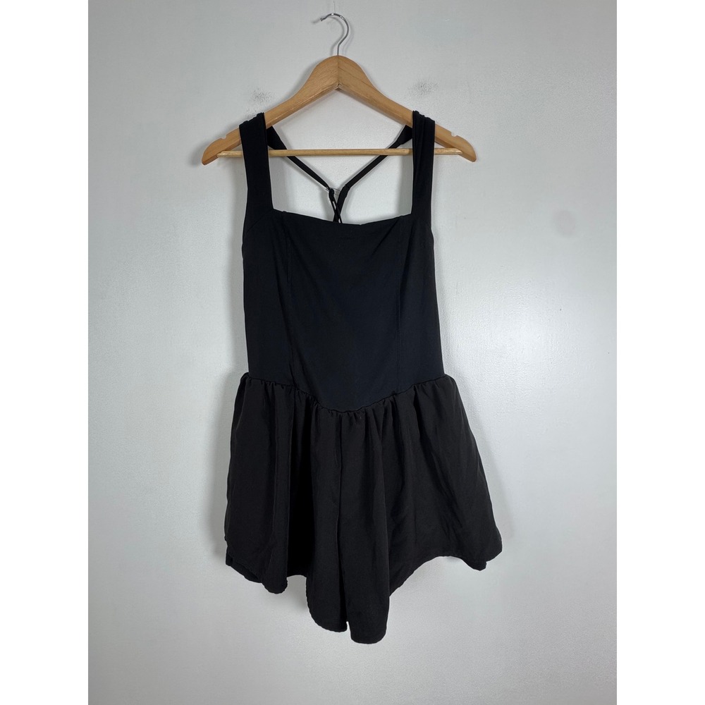 Athletic Qinsen Womens XL Skirted Romper Black Strappy Back Tennis Workout Dress